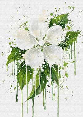 White Flower Watercolor with Green Leaves