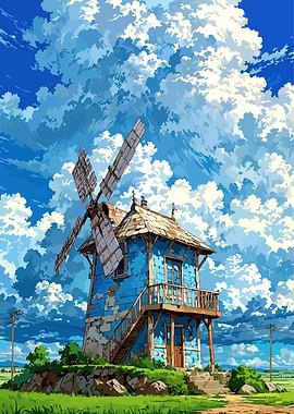 Blue Windmill House Under Cloudy Sky