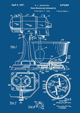 1937 KitchenAid Mixer Patent, food handling apparatus, Kitchenaid patent
