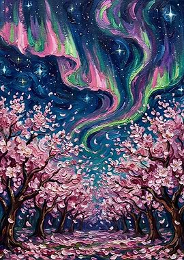 Cherry Blossoms and Aurora Borealis Painting