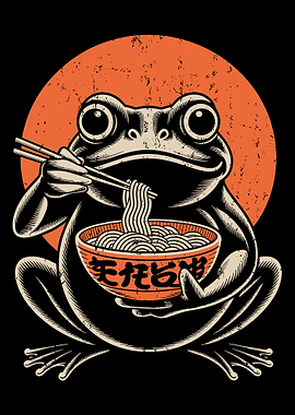 Frog Eating Ramen Poster, Japanese Food Art Print, Cute Anime Kitchen Wall Decor