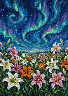 Lily Field Under Aurora Borealis Painting