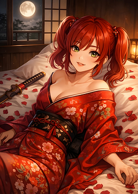 Moonlit Crimson Reverie Anime Girl in Kimono with Katana