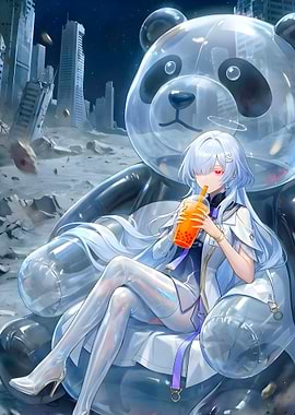 Anime Girl with Bubble Tea on Panda
