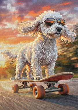 Cool Dog on Skateboard at Sunset