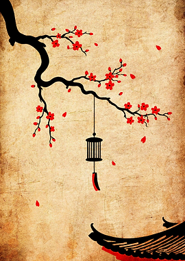 Japanese Cherry Blossom with Lantern Art