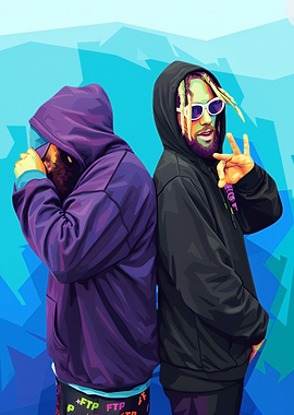 Two figures in hoodies pop art
