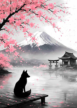 Fox, Cherry Blossoms, and Mount Fuji