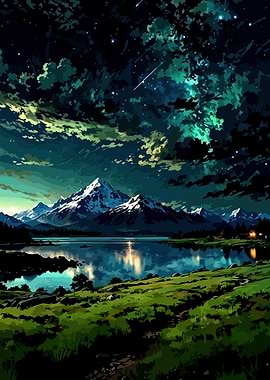 Mountain Lake Night Landscape Painting