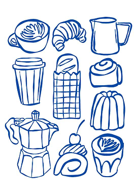 Blue Line Art: Coffee and Pastries