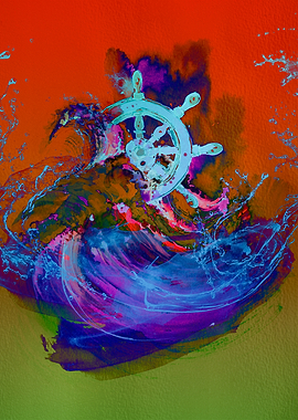 Ship Wheel in Abstract Ocean Wave