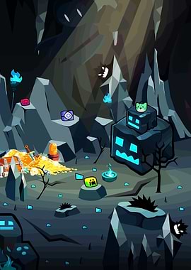 Cartoon Cave with Treasure and Characters