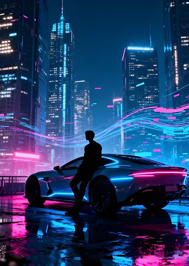 Cyberpunk Cityscape with ecotic Car