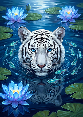 White Tiger in Water Lily Pond