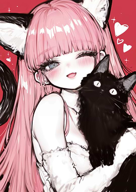Cute Anime Neko Girl with Black Cat