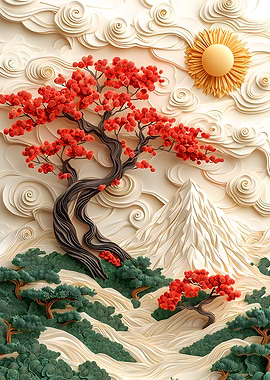 Japanese Landscape with Red Trees