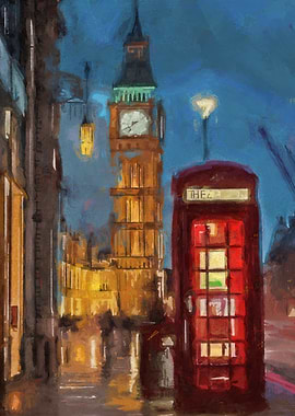 London cityscape painting with phone booth