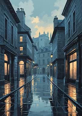 Rainlit Old Town Street