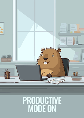 Cartoon Beaver Working on Laptop