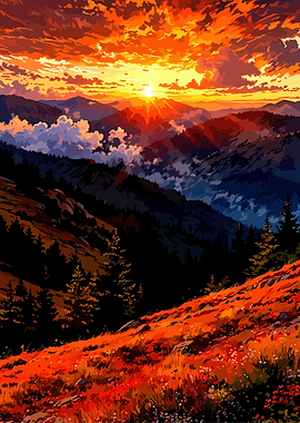 Mountain Sunset Landscape Digital Art