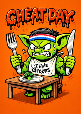 Cheat Day Goblin with Broccoli Cartoon