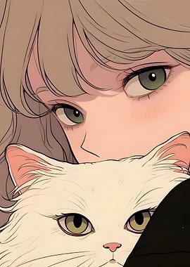 Anime Girl with White Cat Portrait
