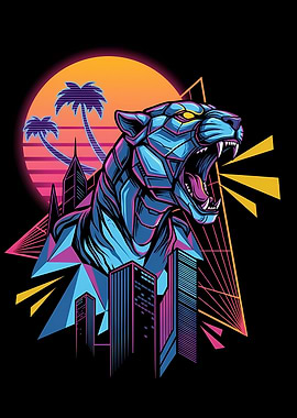Cyberpunk Panther Roar Retro Cityscape