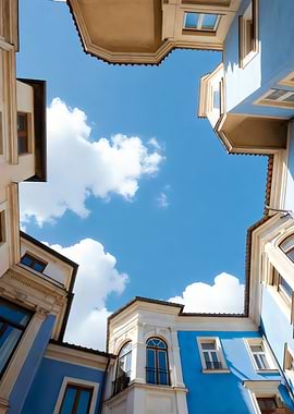 Buildings framing a blue sky view