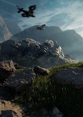 Futuristic vehicles in mountainous landscape