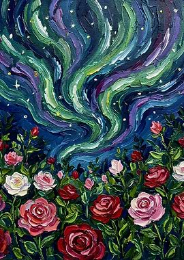 Aurora Borealis Over Rose Garden Painting