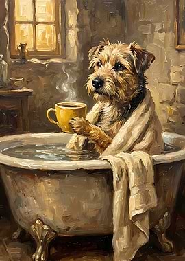 Dog in Bathtub with Coffee Painting