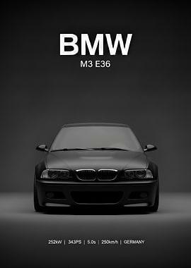 black BMW M3 E36 Car Poster
