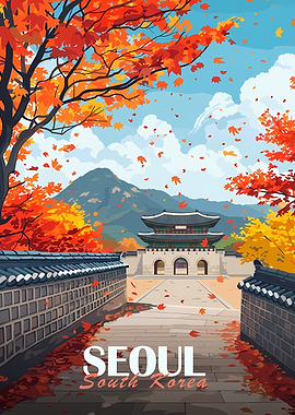 Seoul South Korea Autumn Landscape Illustration