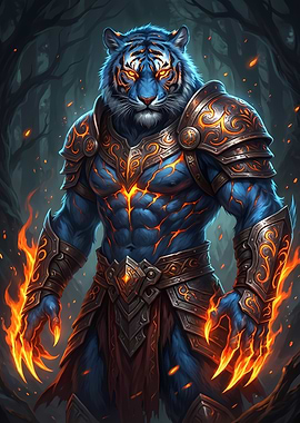 Armored Blue Tiger Warrior in Forest