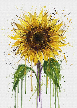 Watercolor Sunflower with Splatters