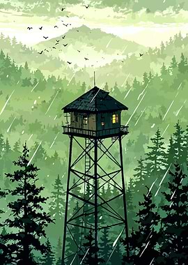 Rainy Forest Lookout Tower Illustration