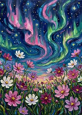 Aurora Borealis over Flower Field Painting