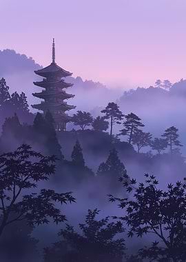 Pagoda in Misty Landscape