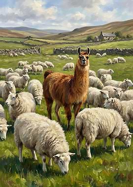 Llama and Sheep in Grassy Field