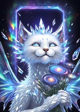 Crystal Cat with Galaxy Flowers