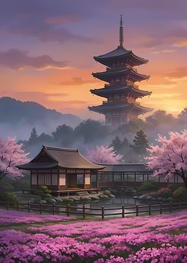 Japanese Pagoda and Cherry Blossoms