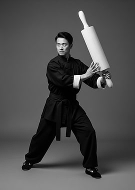Chinese Man with Rolling Pin Martial Arts Pose