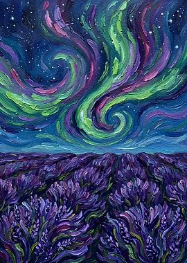 Lavender Field Under Aurora Painting