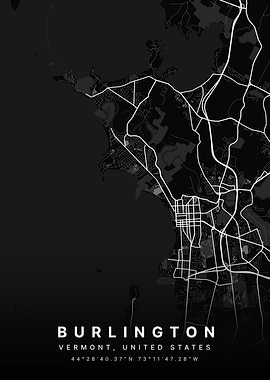 Burlington Vermont Black and White Map