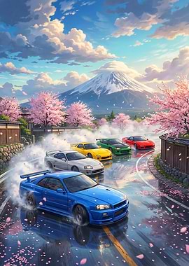 Drifting Cars Mount Fuji Anime Japanese