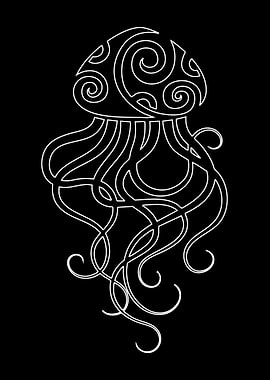 Stylized Jellyfish Line Art on Black