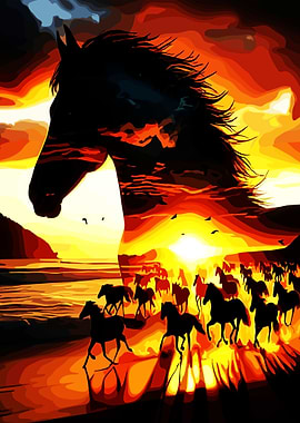 Horses Silhouette Sunset Beach