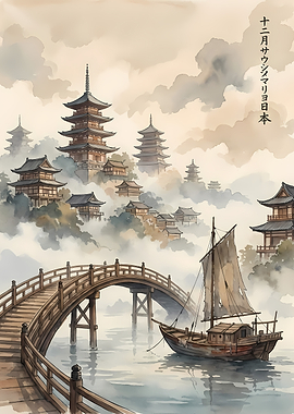 Japanese Pagodas and Boat Watercolor Painting