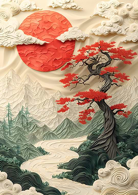Japanese Landscape with Red Sun and Tree