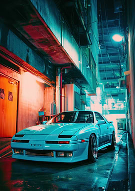 Blue Car in Urban Alleyway